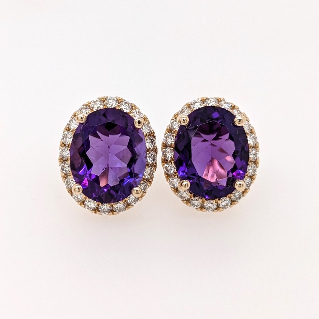 Amethyst And Diamond Halo Stud Earrings In Solid 14k Gold